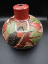 Roger Calero Nicaraguan clay pottery lamp base  carved with relief toucans signed on base