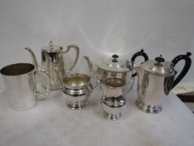 Silver plate teapot, coffee pots, sugar bowl, milk jugs and tankard