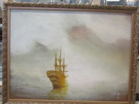 Signed oil on canvas ship scene in gilt frame 110x87cm