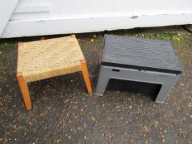 Plastic stool/toolbox and raffia topped stool