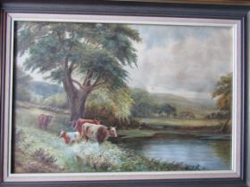 Watercolour of cows near a lake, framed and glazed 44cm x 60cm appox