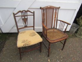 Mahogany Edwardian inlaid chair and armchair with cane seat and back