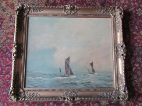 W.E. Burton oil on board of boats sailing, signed bottom left in ornate gilt frame 67cm x 76cm