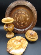 Treen charger, vase and 2 dish/pots