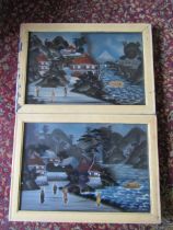 Pair of Oriental reverse glass paintings 48cm x 69cm approx