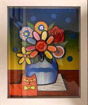 GEORGE SMYTH - MIXED MEDIA ON BOARD - ORANGE CAT WITH FLOWERS crack in bottom left corner of glass