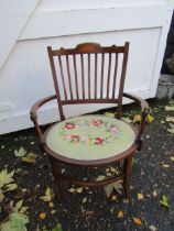 Mahogany inlaid carver chair with embroidered seat