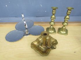 Brass candlesticks and folding cake stand