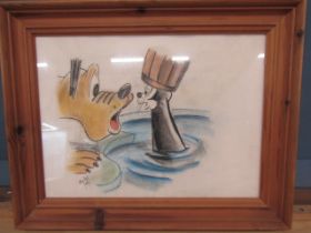 Pastel of Disney Pluto and cat signed Olly Art '04 50x43cm in pine frame