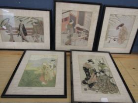 5 Japanese prints, framed and glazed