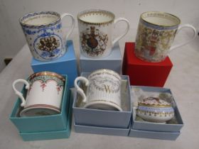 5 boxed commemorative mugs and one Sandringham trinket pot