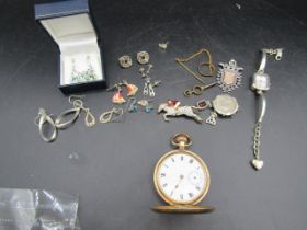 8 pairs earrings (some silver) brooches 1887 shilling coin pendant, 925 watch, gold plated pocket