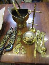 Brass coal bucket, horse brasses and various
