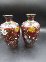 A pair Japanese Cloisonné vases 18cmH dark red with butterflies and flowers