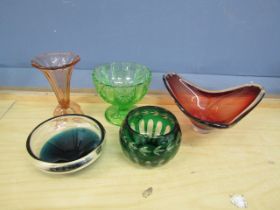 Coloured glass vase and bowls etc