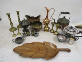 Various brass, pewter and copper wares plus a treen leaf board