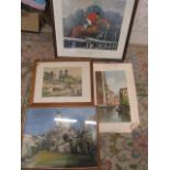 3 city scene watercolours and a print of showjumper Harvey Smith