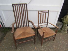 2 Wooden armchairs with rush seats