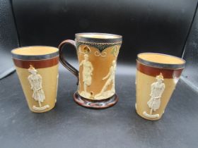 Doulton Lambeth silver rimmed tankard depicting sports and signed RN and 2 mugs-  one cup a/f