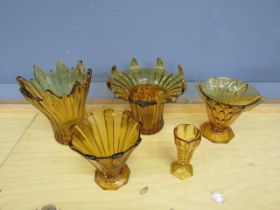 5 Amber glass vases