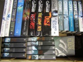 3 trays novels mostly by Patricia Cornwell, Kathy Reichs and Donna Leon