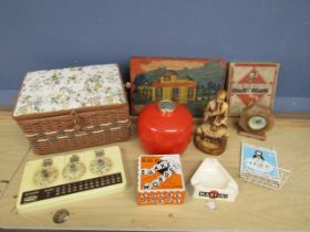 Collectors lot to include onyx clock, sewing basket, ash trays and toys etc