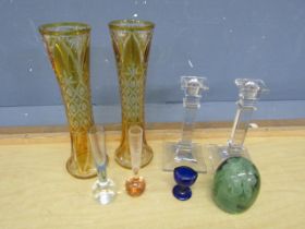 Glass candlesticks, bud vases and paper weight etc
