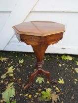 Octagonal work table with fruitwood top and contents H72cm approx