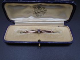 Victorian/Edwardian 9ct gold amethyst and pearl bar brooch 2.14g  gross weight.