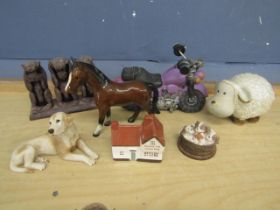 Various ceramics to include horse, sheep. motorbike, dogs, house, monkeys