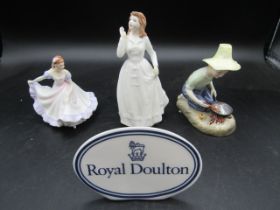 Royal Doulton name plate and 3 figures- mini Ninette, River Boy and Joy