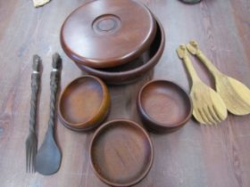 Wooden bowls and carved serving sets