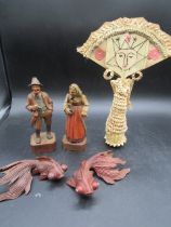 Straw dolly, 2 carved figures and 2 carved fish