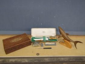 Collectors lot to include Ronson lighter, carved wooden box and wooden shark (has been repaired)