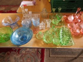 A collection of various vanity sets and coloured glass