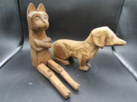 Treen cat with moveable legs and a dog