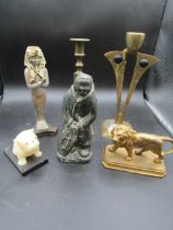 3 candlesticks, an onyx style bulldog, metal lion and carved wolf sculpture