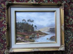 Anne Tricker oil on board of cows by a river in gilt frame 30cm x 35cm approx