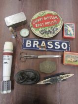 A collectors lot to inc tin signs, games, torpedo?, vintage syringe etc etc