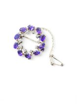 9ct gold diamond and amethyst set circular brooch 5.8g