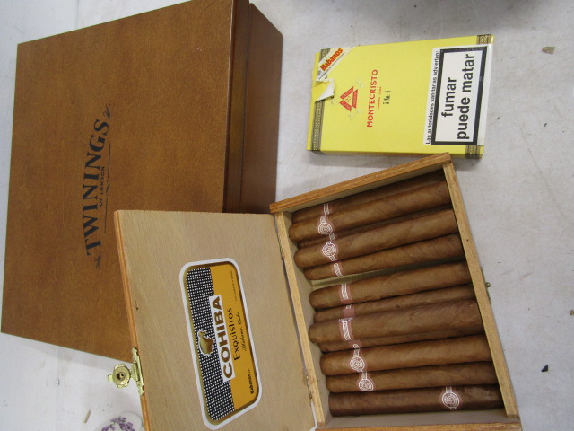 Exquisitors cigars, Montecristo cigars and a Twinings tea caddy