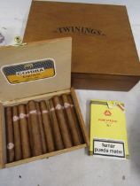 Exquisitors cigars, Montecristo cigars and a Twinings tea caddy