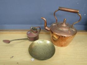 Copper kettle, watering can and brass dish