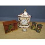 Mason's ceramic mantel clock, enamel pots and pill box etc