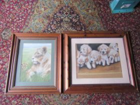 Framed pictures of Lion with cub and Labrador puppies. Largest 68cm x 78cm approx (one has broken