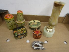 Onyx vase and table lighter, papier Mache boxes and stacking elephants