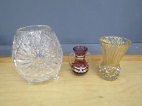 3 Glass vases, one embellished with silver