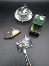 Vintage Berrys London vesta/ match safe box circa 1880, camera lighter, book lighter and glass table