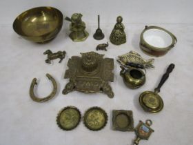 Brass inkwell (no inners) various brass wares