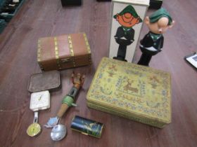 A collectors lot- Andy Capp talc,  banded box, bottle stopper, Jungens clock etc